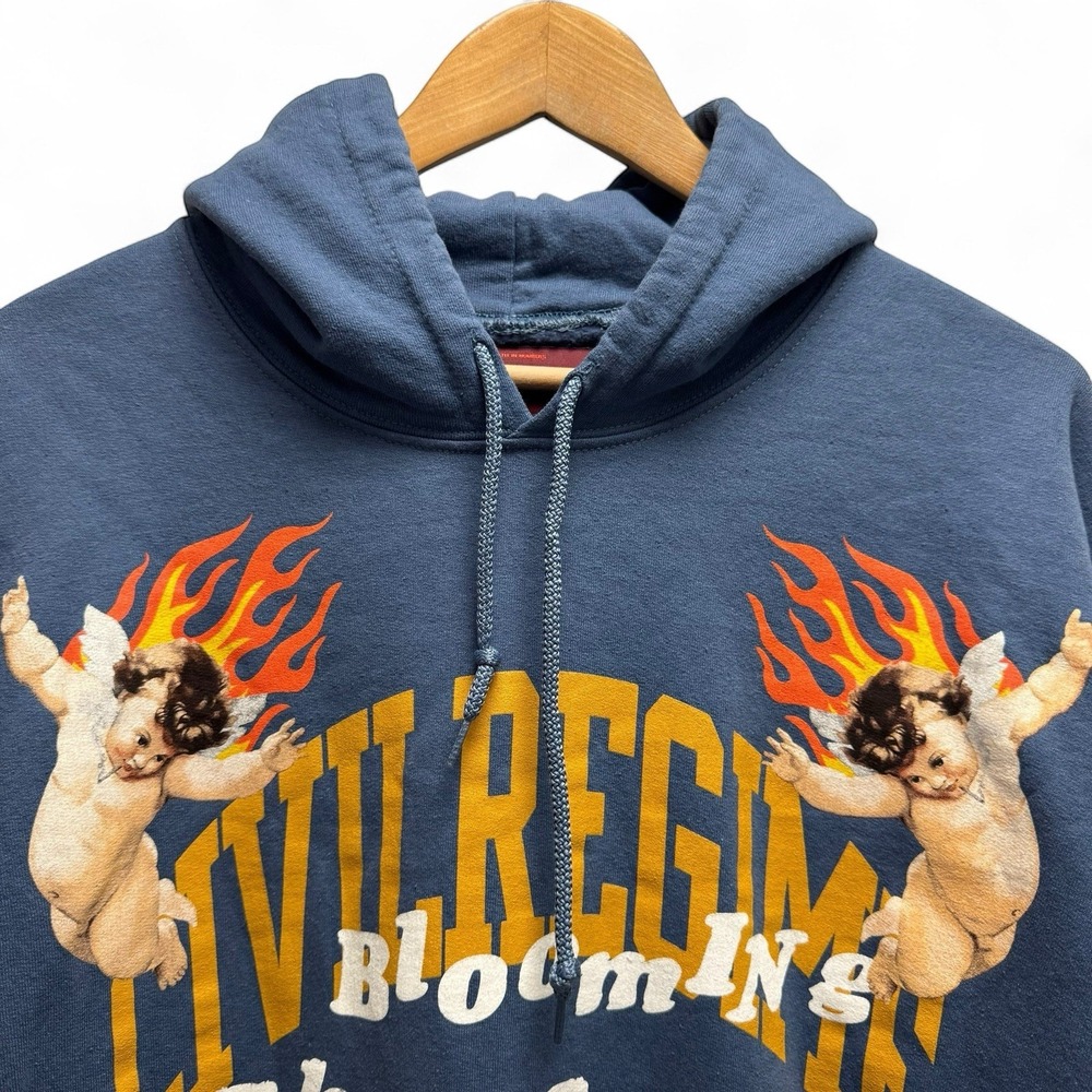Civil Regime Mens Large Flaming Angels Chaos Blue Pullover Hoodie Sweatshirt euc